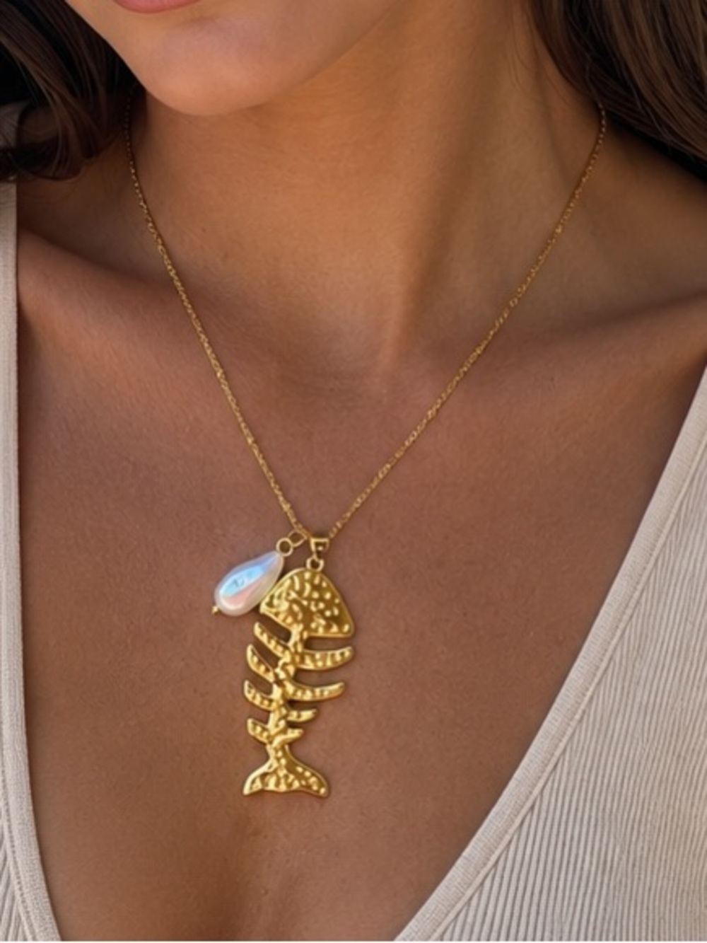 Gold Fish Pendant Necklace with Pearl Charm
